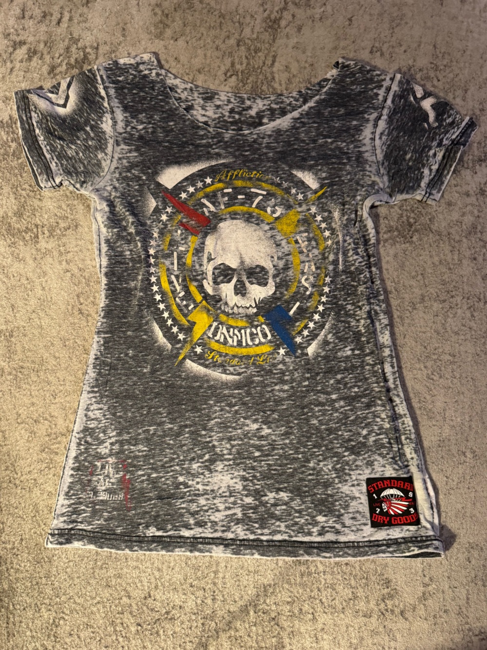 Affliction Women’s Acid-Wash Skull Graphic Tee in Gray- L